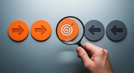 Magnifying glass focusing on target icon among arrows pointing opposite ways