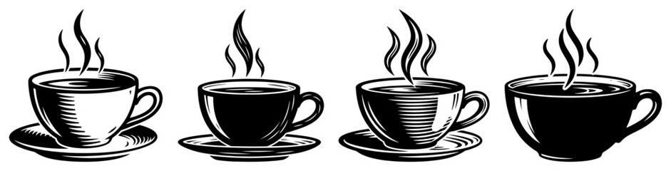 Set of Hot Coffee Cups with Steam in Engraving Style