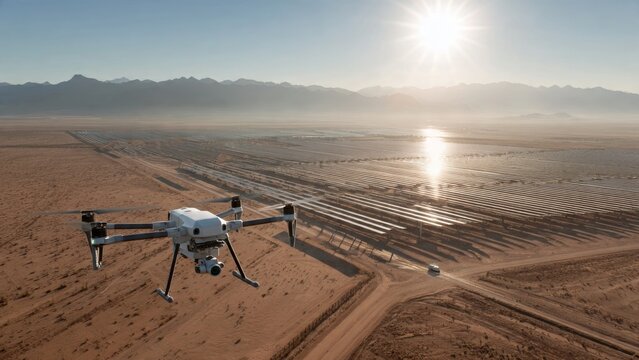 Drone inspection of expansive solar farm in desert landscape aerial view technology and sustainability focus