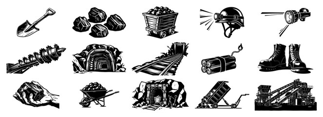 Mining Industry Icon Set with Coal Miner Tools Equipment and Infrastructure