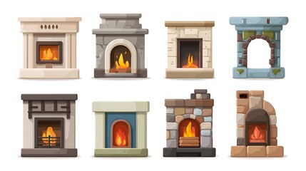Set of simple fireplaces icons isolated on the white background 