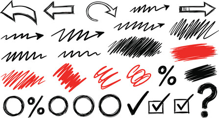 Hand Drawn Scribble Marks and Symbols with Red Lipstick Kiss Marks and Question Marks on White Background