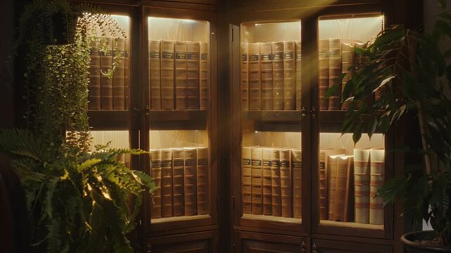 Warmly lit glass-fronted wooden library bookcase filled with old volumes and lush greenery