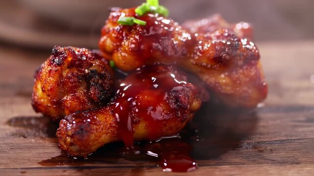 Delicious and Mouthwatering Chicken Wings Being Glazed with Red Sauce Close-Up Video of Food