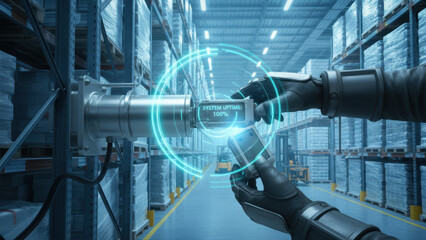 Fototapeta premium Robotic hand scanning temperature sensor cold chain logistics warehouse logistic temperature control system uptime 100% secure efficient
