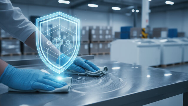 Cold chain logistics warehouse logistic temperature control shield protects sanitary stainless steel surface while worker with gloves cleans