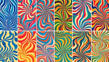 Many colorful, swirling patterned backgrounds presented in vertical panels, with eye-catching radial designs