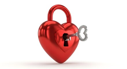 Shiny red heart-shaped padlock with a silver key inserted into the lock.