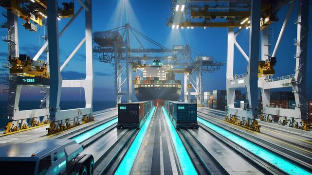 Futuristic Cargo Shipment and advanced Logistics orchestrate Global Trade at a vibrant Industrial Port, featuring a Container Ship and smart Transportation for efficient Supply Chains at night