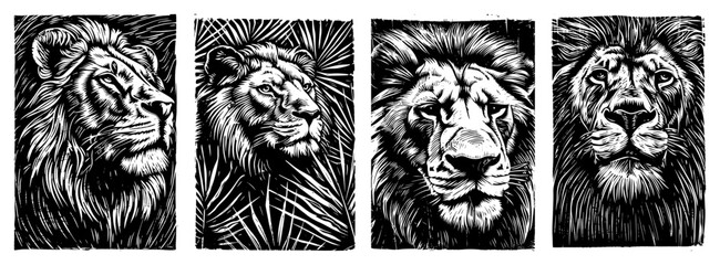 Lion Portrait Woodcut Illustrations with African Wildlife Safari Theme © Camel