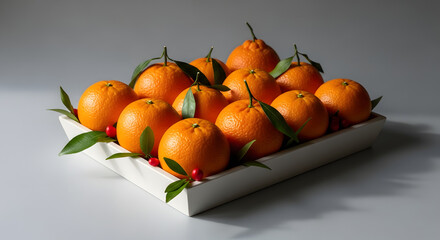 Fresh tangerines with leaves and berries arranged in a white platter, symbolizing abundance and seasonal delight.