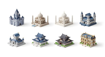 Collection of miniature architectural models representing diverse global landmarks and styles