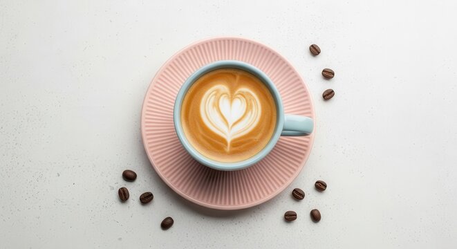 Top down view displays expertly crafted latte art heart resting on pastel pink saucer with scattered beans