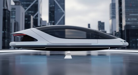 Sleek futuristic personal transport craft hovers above a city thoroughfare