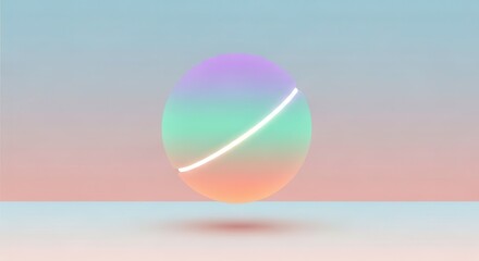 Glowing iridescent sphere floats above a muted pastel surface against a gradient sky backdrop