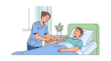 Nurse Assisting Male Patient in Hospital Bed in Bright Medical Room