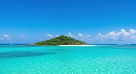 Fototapeta premium A small tropical island with lush green vegetation surrounded by turquoise water and blue sky