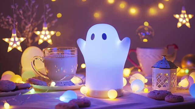 Whimsical glowing pink ghost centerpiece at a cozy magical party table