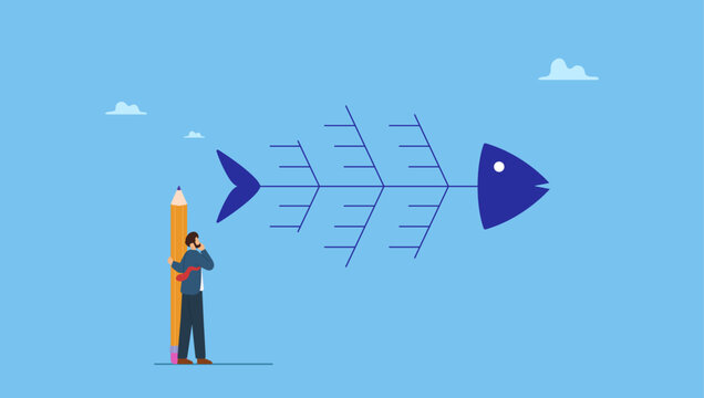 Businessman drawing fishbone diagram to analyze problem. Fishbone diagram tool to analyze cause of problem, root cause analysis or finding solution to solve problem, analyze effect or impact.