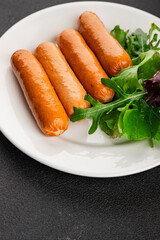 Sausage vegetarian soy meat plant-based food fast food natural tasty appetizer fresh gourmet food background on the table rustic top view copy space keto or paleo diet vegetarian or vegan food