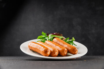 Sausage vegetarian soy meat plant-based food fast food natural tasty appetizer fresh gourmet food background on the table rustic top view copy space keto or paleo diet vegetarian or vegan food