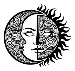 Mystical Sun and Moon Face Mandala Boho Vector Illustration