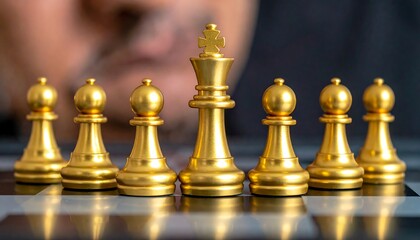 Golden chess pieces aligned on a chessboard with a blurred human face in the background, focused on strategy