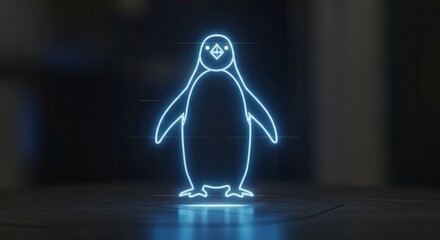 Bright blue neon outline of a small avian creature glows against a dark background