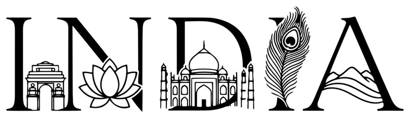 India Country Name Typography with Landmarks Taj Mahal and Cultural Symbols