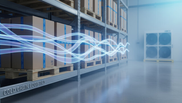 Cold chain logistics warehouse logistic temperature control efficient cooled storage with flowing air movement and organized pallet racking