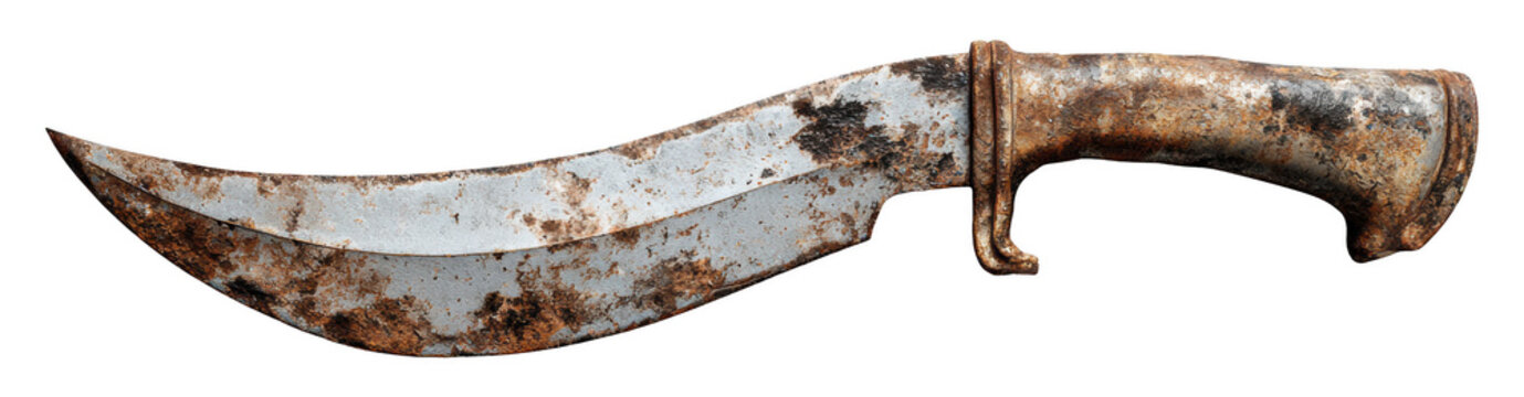 Top view of an old curved cutlass, isolated on transparent background, corroded steel surface, vintage weapon, photorealistic detail