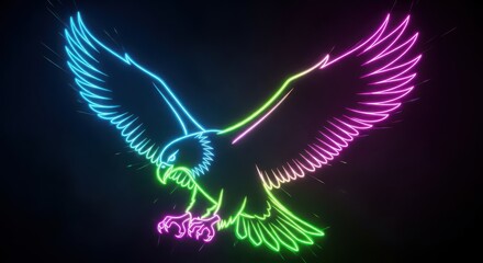 Predatory bird depicted in vibrant neon light outline against a dark background