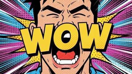 Animated pop art man screaming with the word wow in a comic book style, expressing excitement and surprise with a colorful, retro halftone background creating a seamless, endless loop - Powered by Adobe