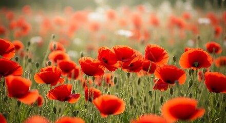 Obraz premium A field of vibrant red poppy flowers blooming in a meadow under soft sunlight creating a warm atmosphere