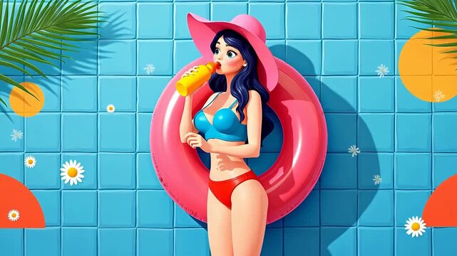 Woman in bikini with float and sunscreen