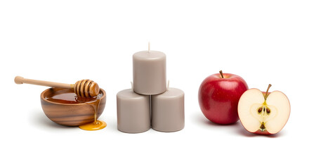 Sweet apples and honey with candles, symbolizing tradition and celebration