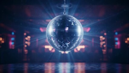 Mirrored disco ball spinning and reflecting bright blue and purple lights over a wet dance floor in an empty nightclub, creating a vibrant, retro atmosphere for a celebration or party - Powered by Adobe