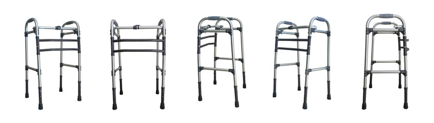 Height adjustable folding medical walkers, one object from different angle shots, isolated on...