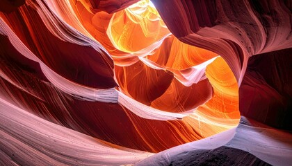 Dramatic natural light filters through the winding, sculpted sandstone walls of a narrow slot canyon, creating a breathtaking display of color and texture.