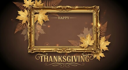 Elegant Golden Ornate Frame Adorned with Autumn Maple Leaves for Happy Thanksgiving Holiday Celebration Greeting Card Design Background