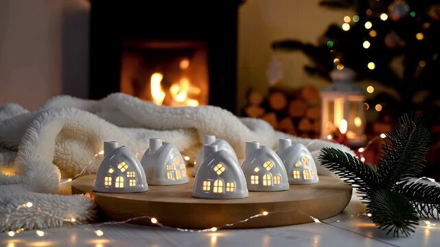White Ceramic Christmas Village of Tiny Houses on a Tray with Ambient Lights
