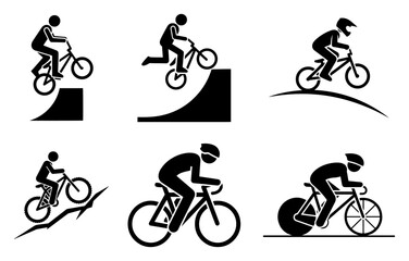 Fototapeta premium BMX and Mountain Bicycle Rider Silhouettes Extreme Cycling Icons