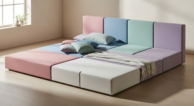 Modular floor seating arrangement features pastel colored upholstery and soft cushions
