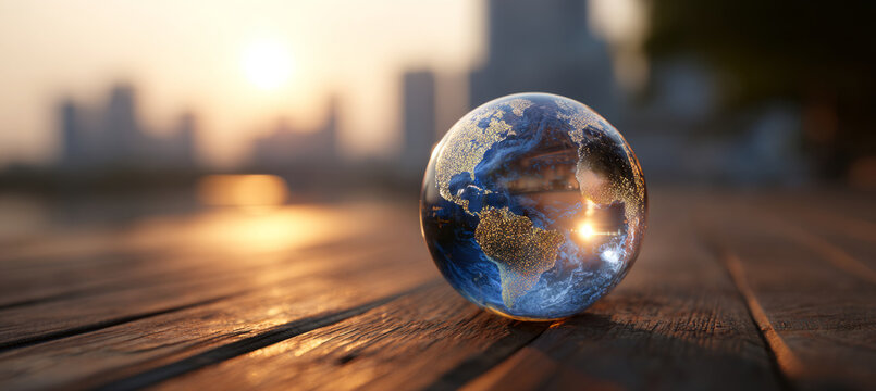 Earth globe sunrise reflection city wooden sphere light - Powered by Adobe