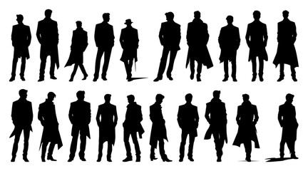 Silhouette Set of Men Wearing Long Trench Coats and Overcoats in Various Poses