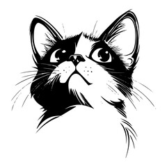 Cute Black and White Cat Portrait Illustration Looking Up with Hopeful Eyes