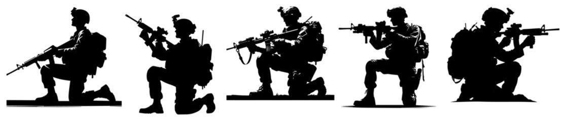 Naklejka premium Set of Military Soldier Silhouettes with Rifles and Tactical Gear