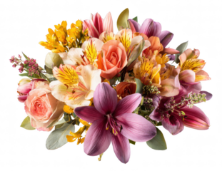 Flower bouquet isolated on transparent background, assorted fresh flowers, elegant arrangement, high detail