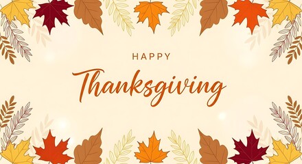 A festive Thanksgiving greeting banner featuring a beautiful frame of colorful autumn leaves and fall foliage on a warm, glowing background