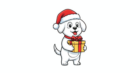 Cute White Santa Puppy Mascot Holding Christmas Gift